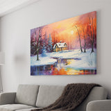 Winter Snow A Lake Near House Xmas Art In Sunset Oil Painting Canvas Prints Wall Art, Painting Art Home Decor