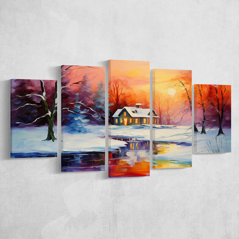 Winter Snow A Lake Near House Xmas Art Oil Painting,5 Panel Extra Larg –  UnixCanvas