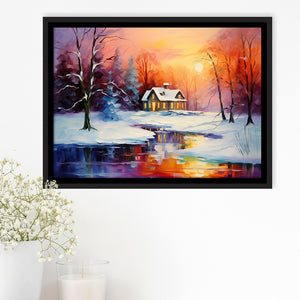 Winter Snow A Lake Near House Xmas Art In Sunset Oil Painting, Framed Canvas Prints Wall Art Decor, Floating Frame