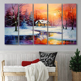 Winter Snow A Lake Near House Xmas Art In Sunset Oil Painting,5 Panel Extra Large Canvas Prints Wall Art Decor