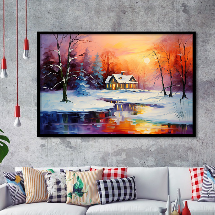 Winter Snow A Lake Near House Xmas Art In Sunset Oil Painting Framed Art Prints Wall Decor, Framed Painting Art