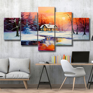Winter Snow A Lake Near House Xmas Art In Sunset Oil Painting Mixed 5 Panel Large Canvas Prints Wall Art Decor