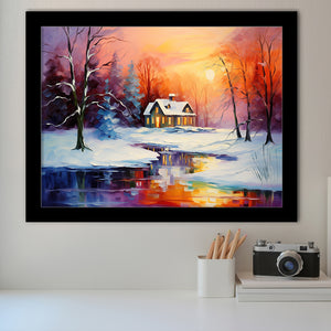 Winter Snow A Lake Near House Xmas Art In Sunset Oil Painting Framed Art Prints Wall Decor, Framed Painting Art