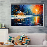 Winter Snow A Lake Near House Xmas Art Oil Painting, Framed Canvas Prints Wall Art Decor, Floating Frame