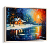 Winter Snow A Lake Near House Xmas Art Oil Painting, Framed Canvas Prints Wall Art Decor, Floating Frame