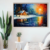 Winter Snow A Lake Near House Xmas Art Oil Painting, Framed Canvas Prints Wall Art Decor, Floating Frame