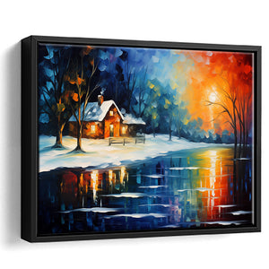 Winter Snow A Lake Near House Xmas Art Oil Painting, Framed Canvas Prints Wall Art Decor, Floating Frame