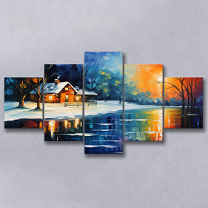 Winter Snow A Lake Near House Xmas Art Oil Painting Mixed 5 Panel Large Canvas Prints Wall Art Decor