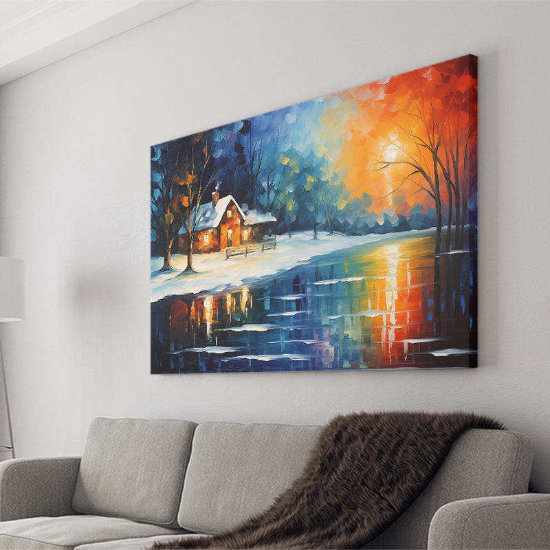 Winter Snow A Lake Near House Xmas Art Oil Painting Canvas Prints Wall Art, Painting Art Home Decor