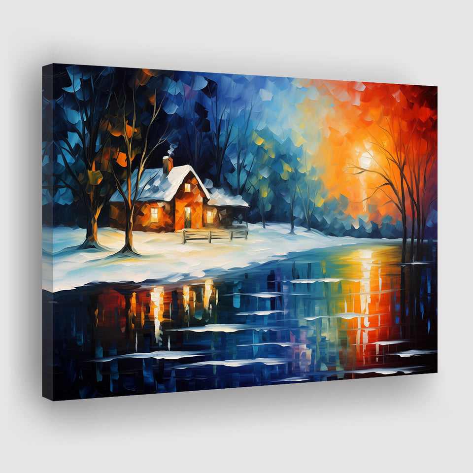 Winter Snow A Lake Near House Xmas Art Oil Painting Canvas Prints Wall Art, Painting Art Home Decor