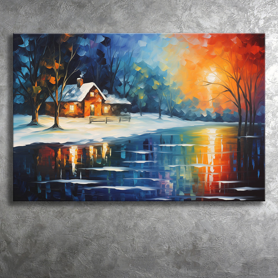 Winter Snow A Lake Near House Xmas Art Oil Painting Canvas Prints Wall Art, Painting Art Home Decor
