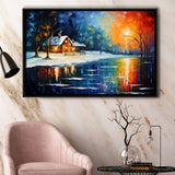 Winter Snow A Lake Near House Xmas Art Oil Painting, Framed Canvas Prints Wall Art Decor, Floating Frame