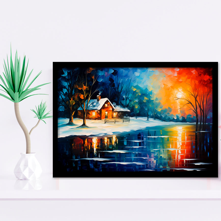 Winter Snow A Lake Near House Xmas Art Oil Painting Framed Art Prints Wall Decor, Framed Painting Art