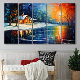 Winter Snow A Lake Near House Xmas Art Oil Painting,5 Panel Extra Large Canvas Prints Wall Art Decor