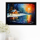 Winter Snow A Lake Near House Xmas Art Oil Painting, Framed Canvas Prints Wall Art Decor, Floating Frame