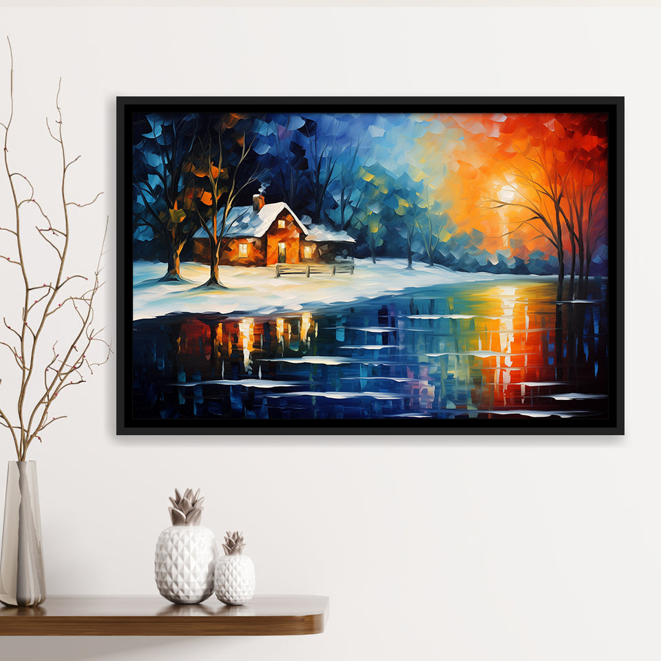 Winter Snow A Lake Near House Xmas Art Oil Painting, Framed Canvas Prints Wall Art Decor, Floating Frame