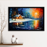 Winter Snow A Lake Near House Xmas Art Oil Painting, Framed Canvas Prints Wall Art Decor, Floating Frame