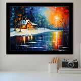 Winter Snow A Lake Near House Xmas Art Oil Painting Framed Art Prints Wall Decor, Framed Painting Art