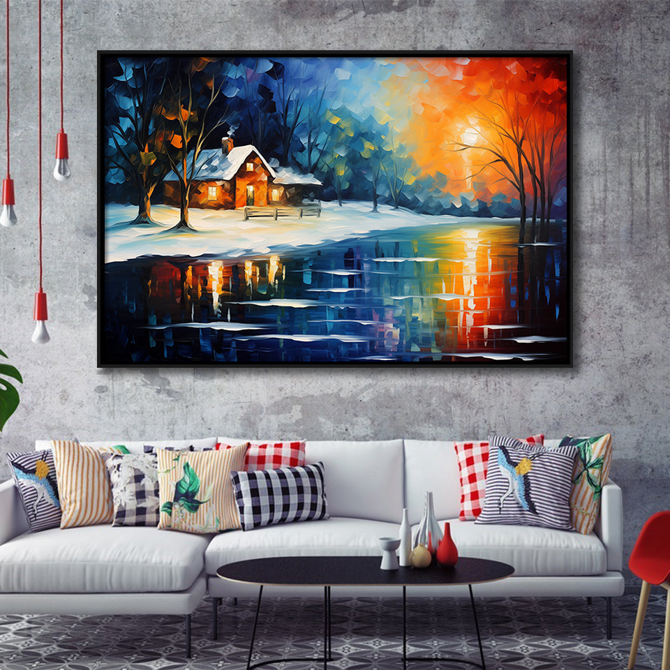 Winter Snow A Lake Near House Xmas Art Oil Painting, Framed Canvas Prints Wall Art Decor, Floating Frame