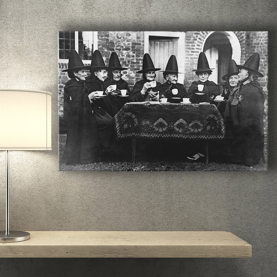 Witches Tea Time Black And White Print, Witches Council Canvas Prints Wall Art Home Decor
