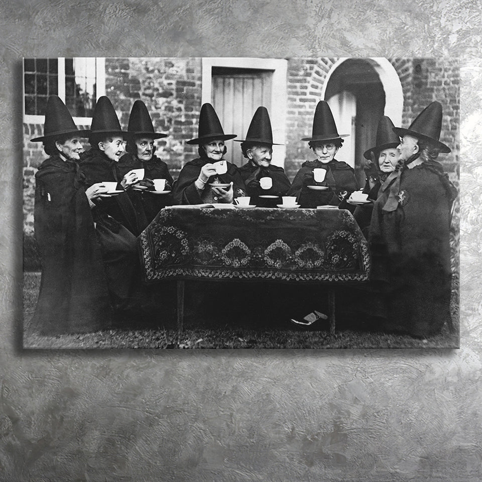 Witches Tea Time Black And White Print, Witches Council Canvas Prints Wall Art Home Decor