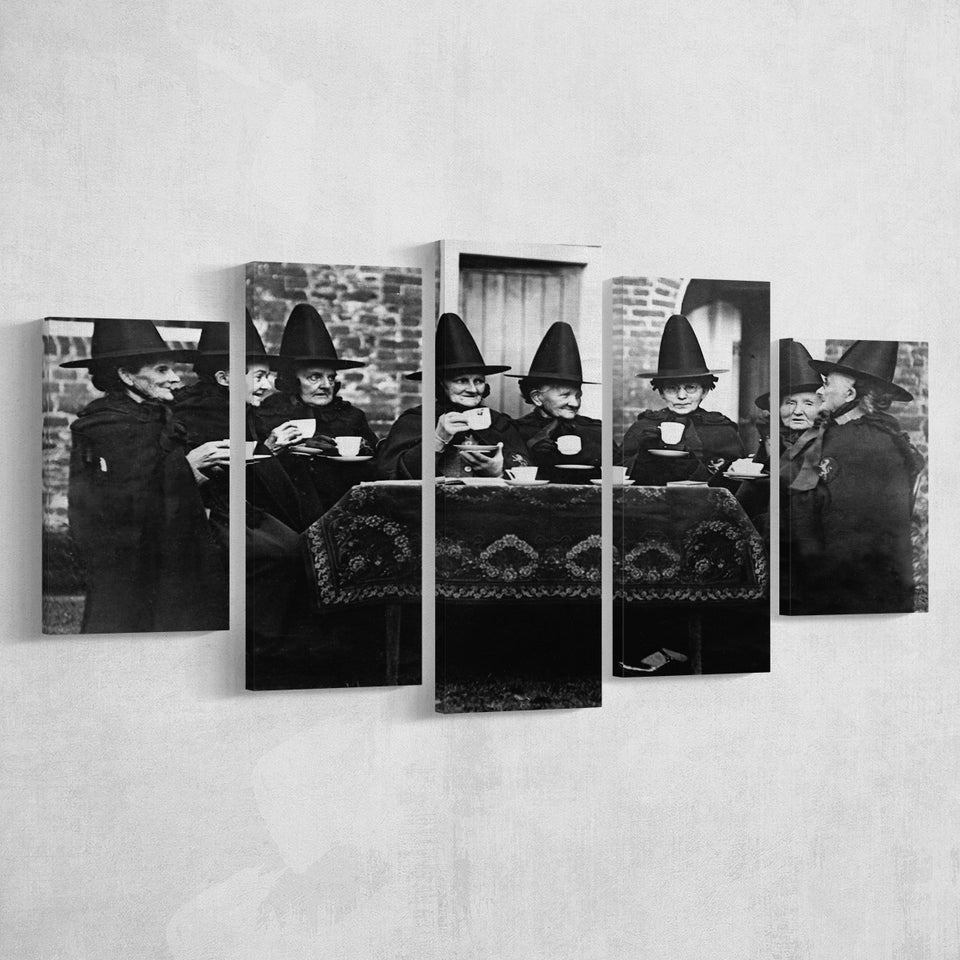 Witches Tea Time Black And White Print, Witches Council 5 Panels, Canvas Prints Wall Art Decor, Large Canvas Art
