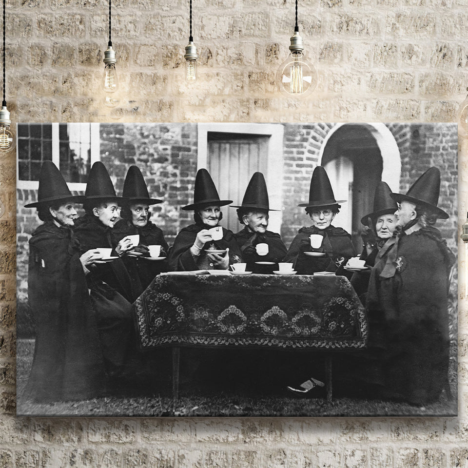 Witches Tea Time Black And White Print, Witches Council Canvas Prints Wall Art Home Decor