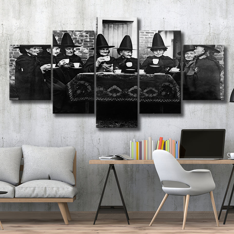 Witches Tea Time Black And White Print, Witches Council 5 Panels, Canvas Prints Wall Art Decor, Large Canvas Art