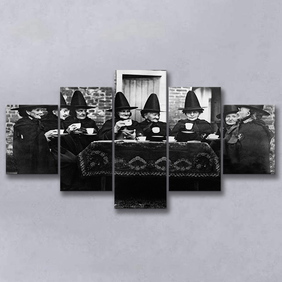 Witches Tea Time Black And White Print, Witches Council 5 Panels, Canvas Prints Wall Art Decor, Large Canvas Art