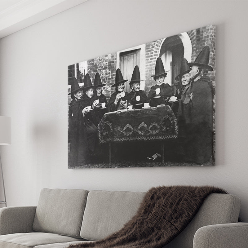 Witches Tea Time Black And White Print, Witches Council Canvas Prints Wall Art Home Decor
