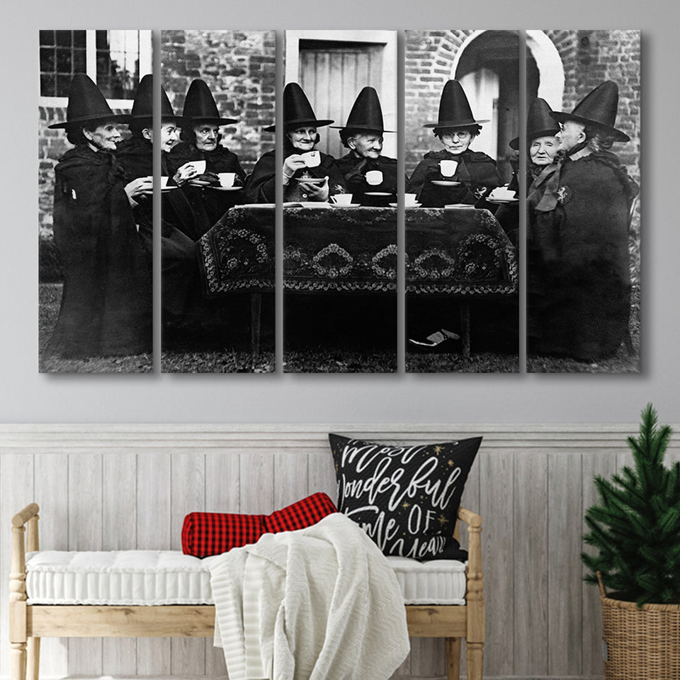 Witches Tea Time Black And White Print, Witches Council Larger Canvas Art, 5 Piece Canvas Prints Wall Art Decor
