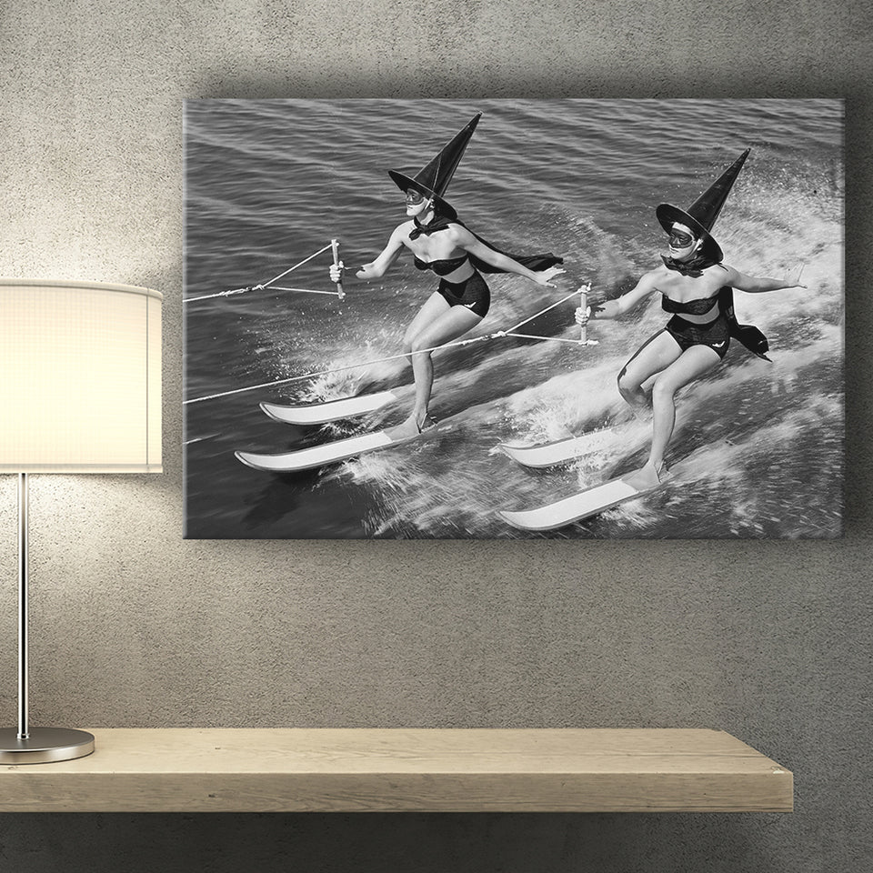 Witches Water Skiing Black And White Print, Spooky Beach Vibes Canvas Prints Wall Art Home Decor
