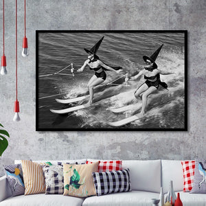 Witches Water Skiing Black And White Print, Spooky Beach Vibes Framed Art Prints, Wall Art,Home Decor,Framed Picture
