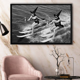 Witches Water Skiing Black And White Print, Spooky Beach Vibes Framed Canvas Prints Wall Art Home Decor,Floating Frame