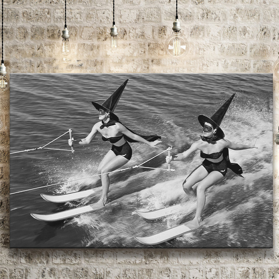 Witches Water Skiing Black And White Print, Spooky Beach Vibes Canvas Prints Wall Art Home Decor