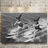 Witches Water Skiing Black And White Print, Spooky Beach Vibes Canvas Prints Wall Art Home Decor
