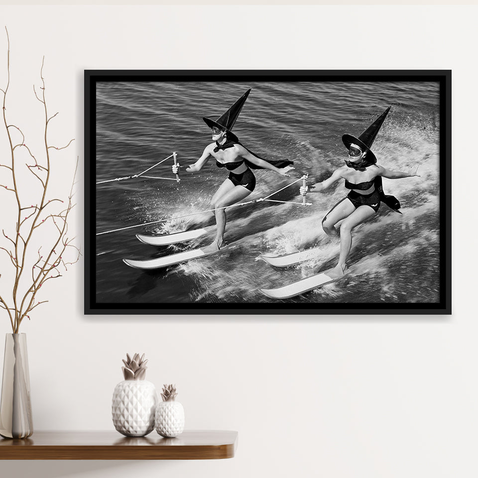 Witches Water Skiing Black And White Print, Spooky Beach Vibes Framed Canvas Prints Wall Art Home Decor,Floating Frame