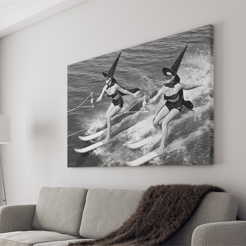 Witches Water Skiing Black And White Print, Spooky Beach Vibes Canvas Prints Wall Art Home Decor