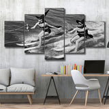 Witches Water Skiing Black And White Print, Spooky Beach Vibes 5 Panels, Canvas Prints Wall Art Decor, Large Canvas Art
