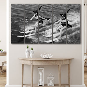 Witches Water Skiing Black And White Print, Spooky Beach Vibes Larger Canvas Art, 5 Piece Canvas Prints Wall Art Decor