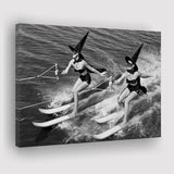 Witches Water Skiing Black And White Print, Spooky Beach Vibes Canvas Prints Wall Art Home Decor