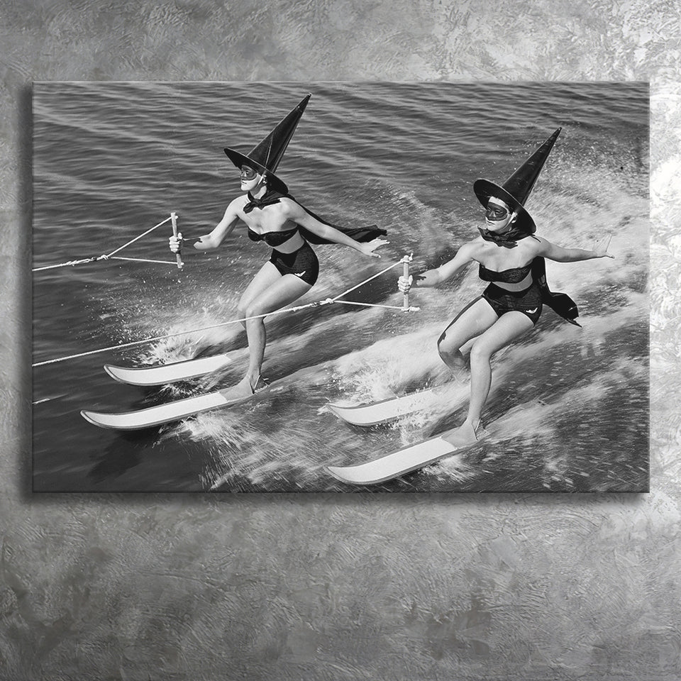 Witches Water Skiing Black And White Print, Spooky Beach Vibes Canvas Prints Wall Art Home Decor