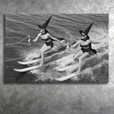 Witches Water Skiing Black And White Print, Spooky Beach Vibes Canvas Prints Wall Art Home Decor