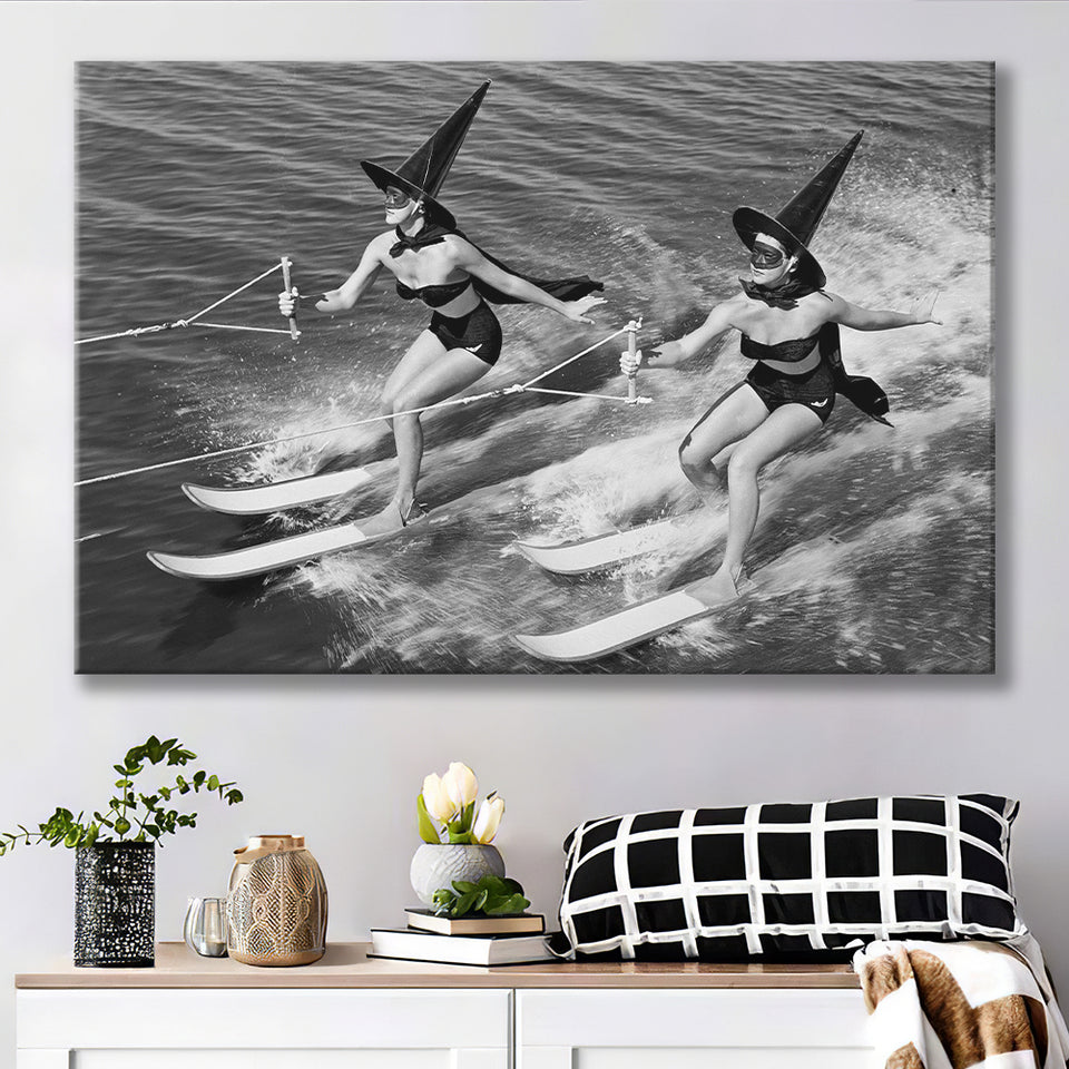 Witches Water Skiing Black And White Print, Spooky Beach Vibes Canvas Prints Wall Art Home Decor
