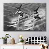 Witches Water Skiing Black And White Print, Spooky Beach Vibes Canvas Prints Wall Art Home Decor
