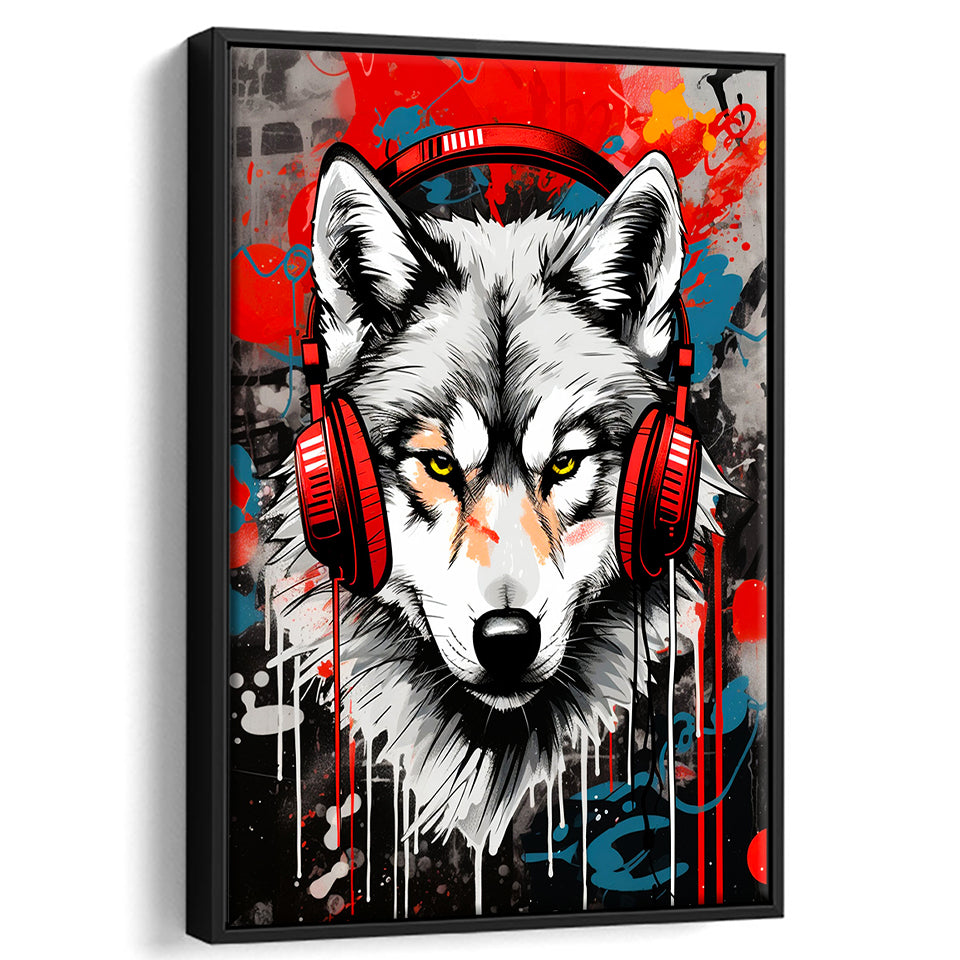 Wolf Wearing Headphone, Gaming Art, Gift For Kids,Framed Canvas Prints,Floating Frame, Wall Art Home Decor