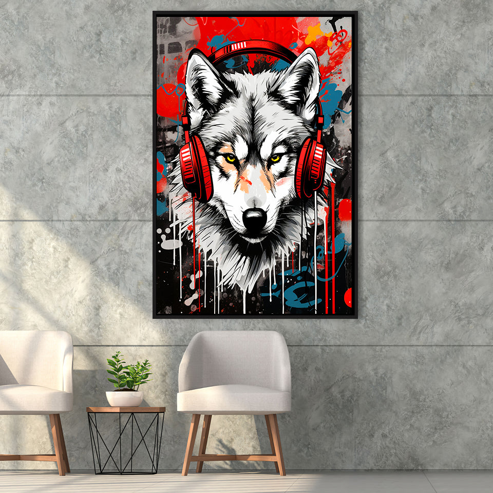Wolf Wearing Headphone, Gaming Art, Gift For Kids,Framed Canvas Prints,Floating Frame, Wall Art Home Decor
