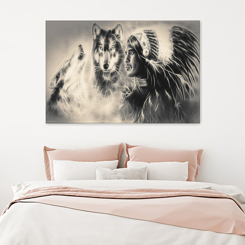 Wolves And Indian Man Back And White Drawing Canvas Wall Art - Canvas Prints, Prints for Sale, Canvas Painting,Home Decor