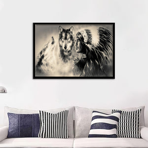 Wolves And Indian Man Back And White Drawing Framed Wall Art Print - Framed Art, Prints for Sale, Painting Art, Painting Prints