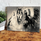 Wolves And Indian Man Back And White Drawing Canvas Wall Art - Canvas Prints, Prints for Sale, Canvas Painting,Home Decor